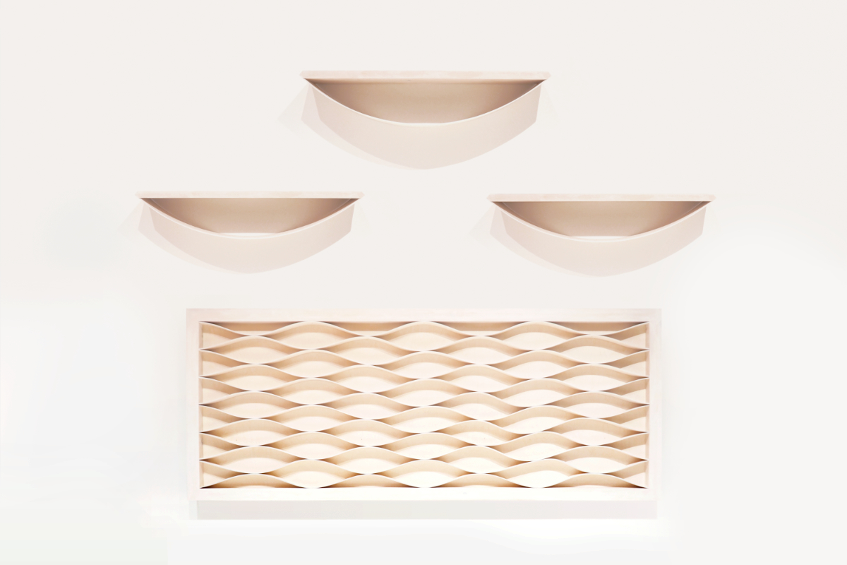 Headboard and shelves in a minimalistic style inspired by waves. Designed and made by Olli Karvonen.