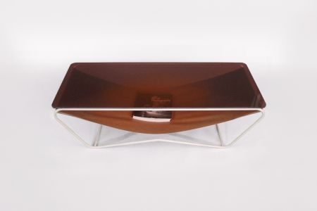 Coffee table metal frame, leather hammock and tinted glass cover by Olli Karvonen
