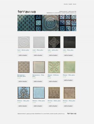 Webshop layout design and coding for Terraviiva. They make beautiful handcrafted ceramic tiles with ornaments in rich variety of colors and now sell them all over the world. Ceramics by Minna Komulainen. Made by Olli Karvonen